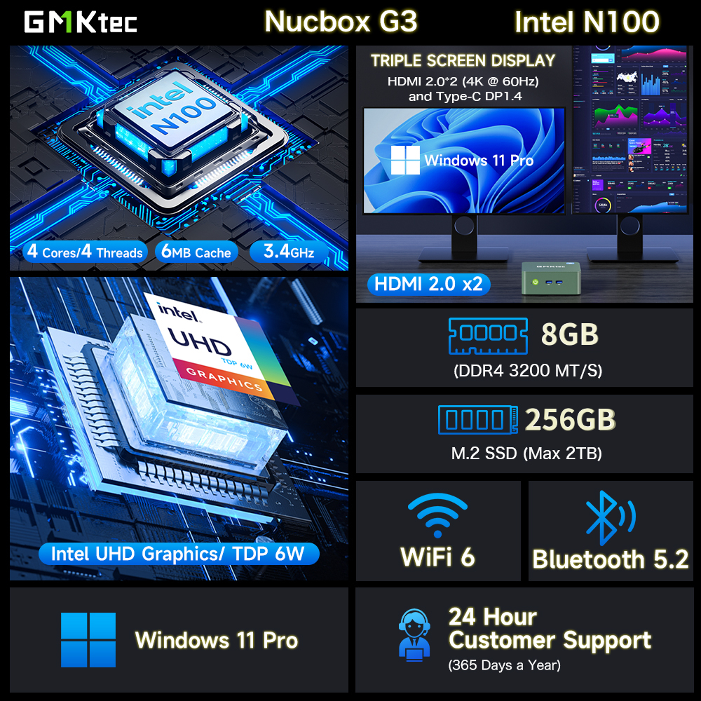 GMKtec Mini PC Intel N150 (up to 3.6GHz), 8GB RAM 256GB SSD, Windows 11 Pro Desktop Computer, Dual HDMI, 4 x USB3.2, WiFi 6/BT5.2, NucBox G3 Plus