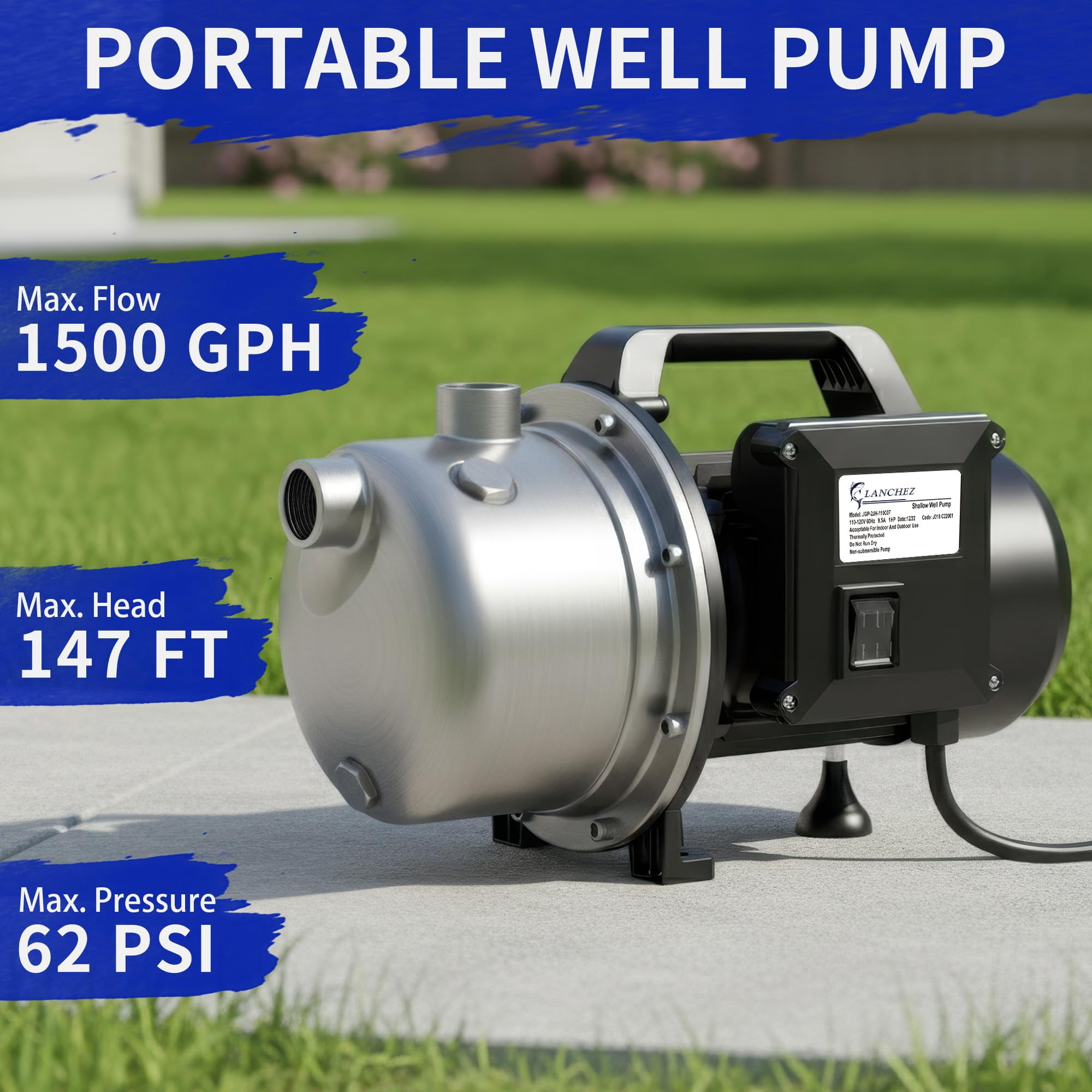 LANCHEZ 1 HP Shallow Well Pump, 115V Stainless Steel Water Transfer Irrigation Booster Jet Pump