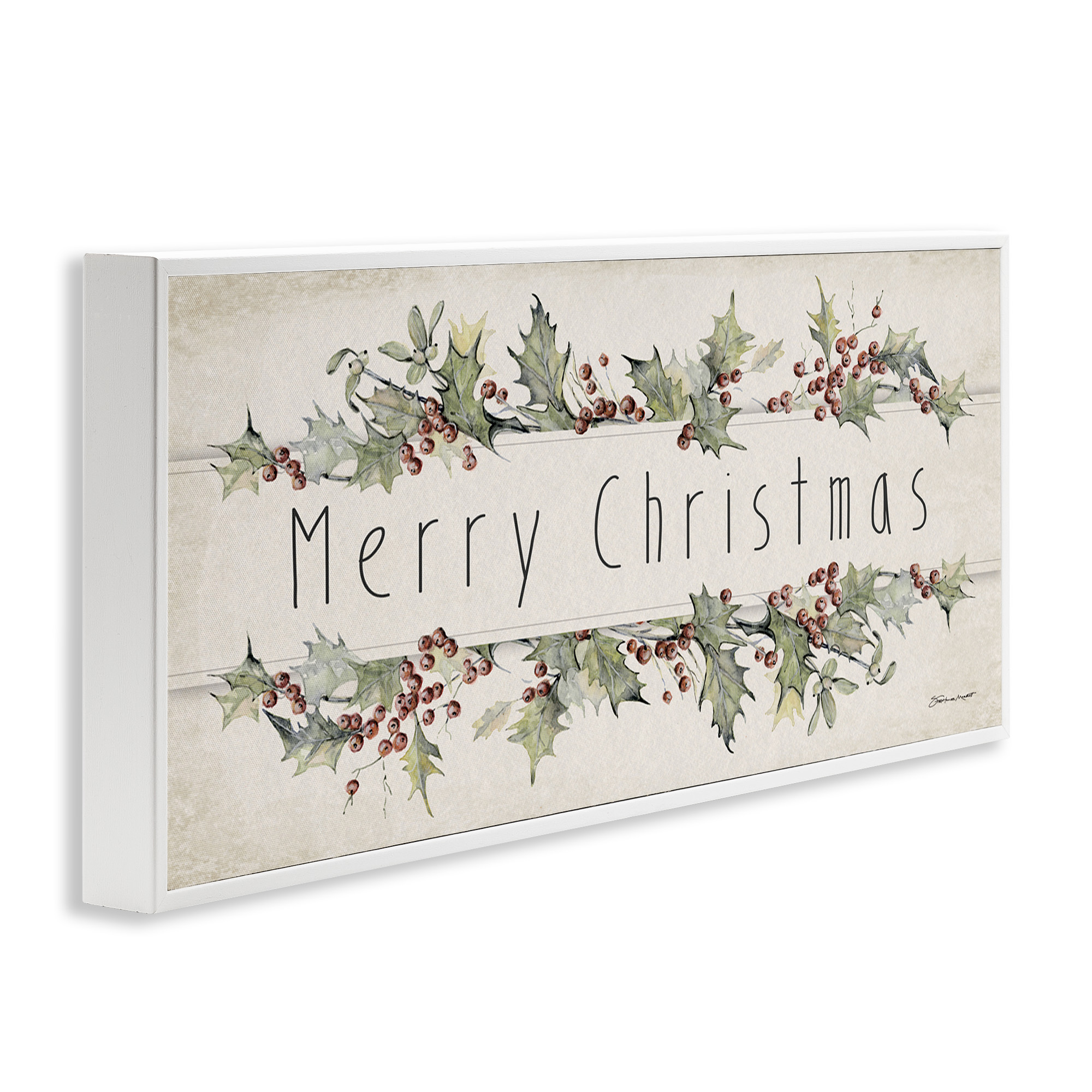 Stupell Industries Vintage Merry Christmas Sentiment Holiday Painting White Framed Art Print Wall Art, 30 x 13