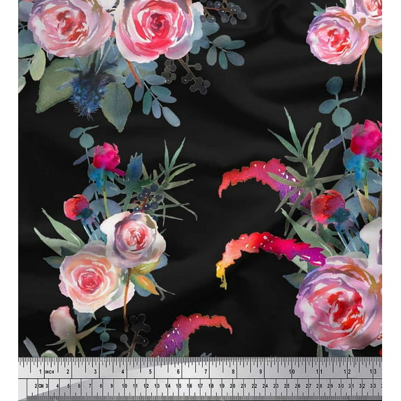 Soimoi Black Cotton Poplin Fabric Leaves & Ranunculus Floral Fabric Prints By Yard 56 Inch Wide