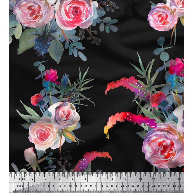 Soimoi Black Cotton Voile Fabric Leaves & Ranunculus Floral Print Sewing Fabric Yard 42 Inch Wide
