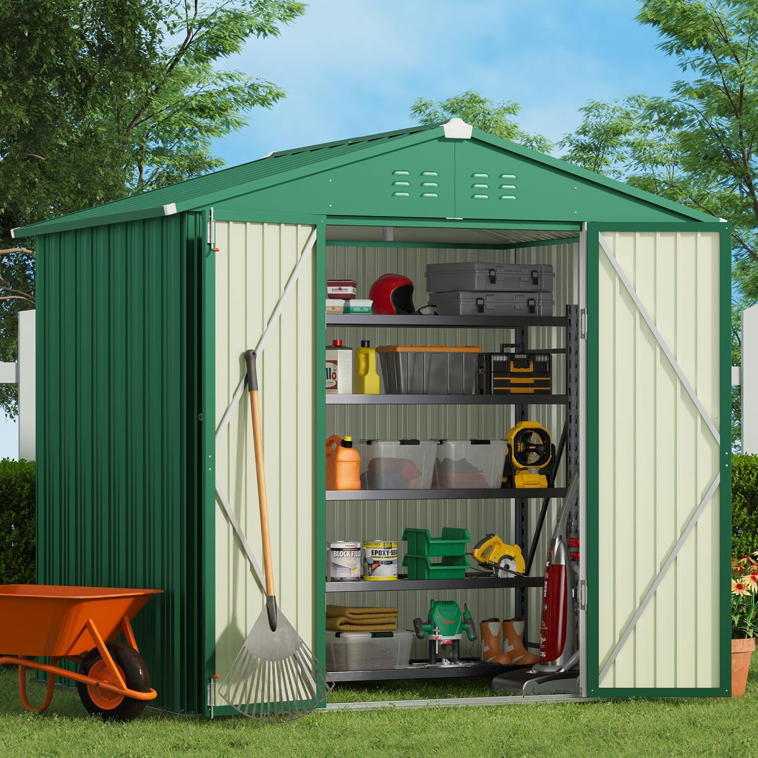 8 x 6 FT Storage Shed, Lofka Galvanized Metal Garden Shed with Double Lockable Doors, Outdoor Storage Clearance for Backyard Patio -Green