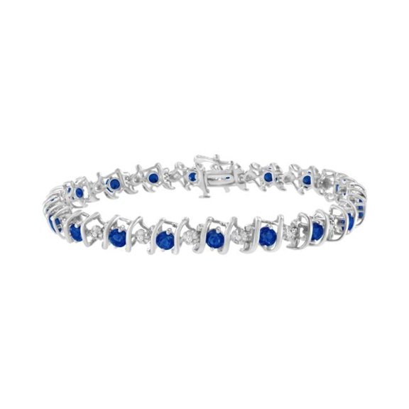 White .925 Sterling Silver, Lab-Grown Gemstone & 4 CTTW Round Diamond Tennis Bracelet, H-I Color - I1-I2 Clarity - Created Blue Sapphire - September Birthstone
