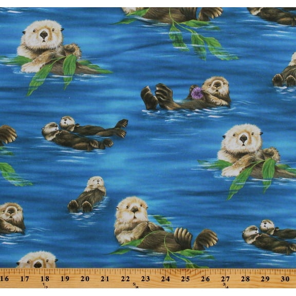 Cotton Sea Otters Playing Cute Animals Ocean Nature Blue Cotton Fabric Print by the Yard (SRKD-6745-268NATURE)