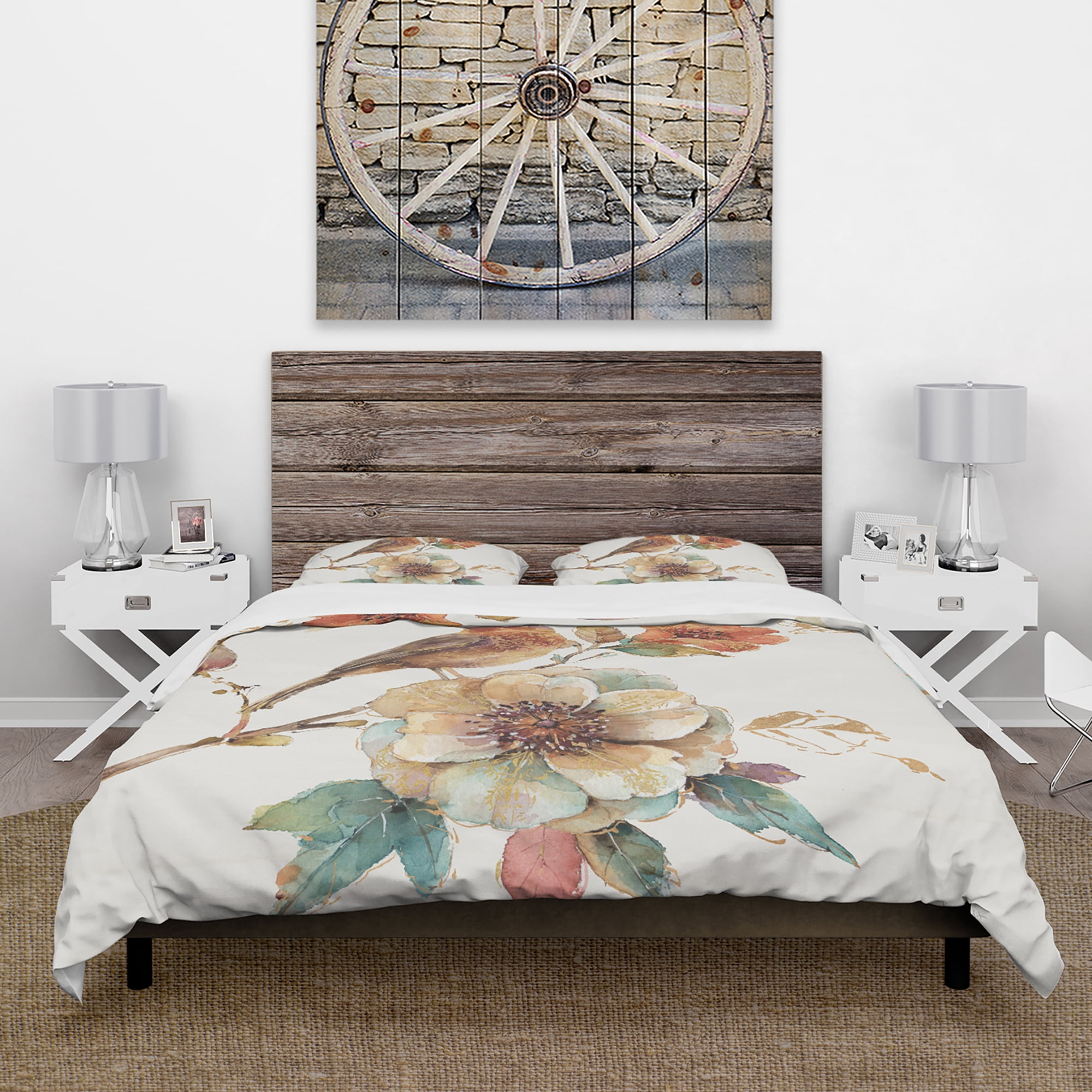 Designart 'Farmhouse Bird on Flower Branch' Cottage Duvet Cover Set