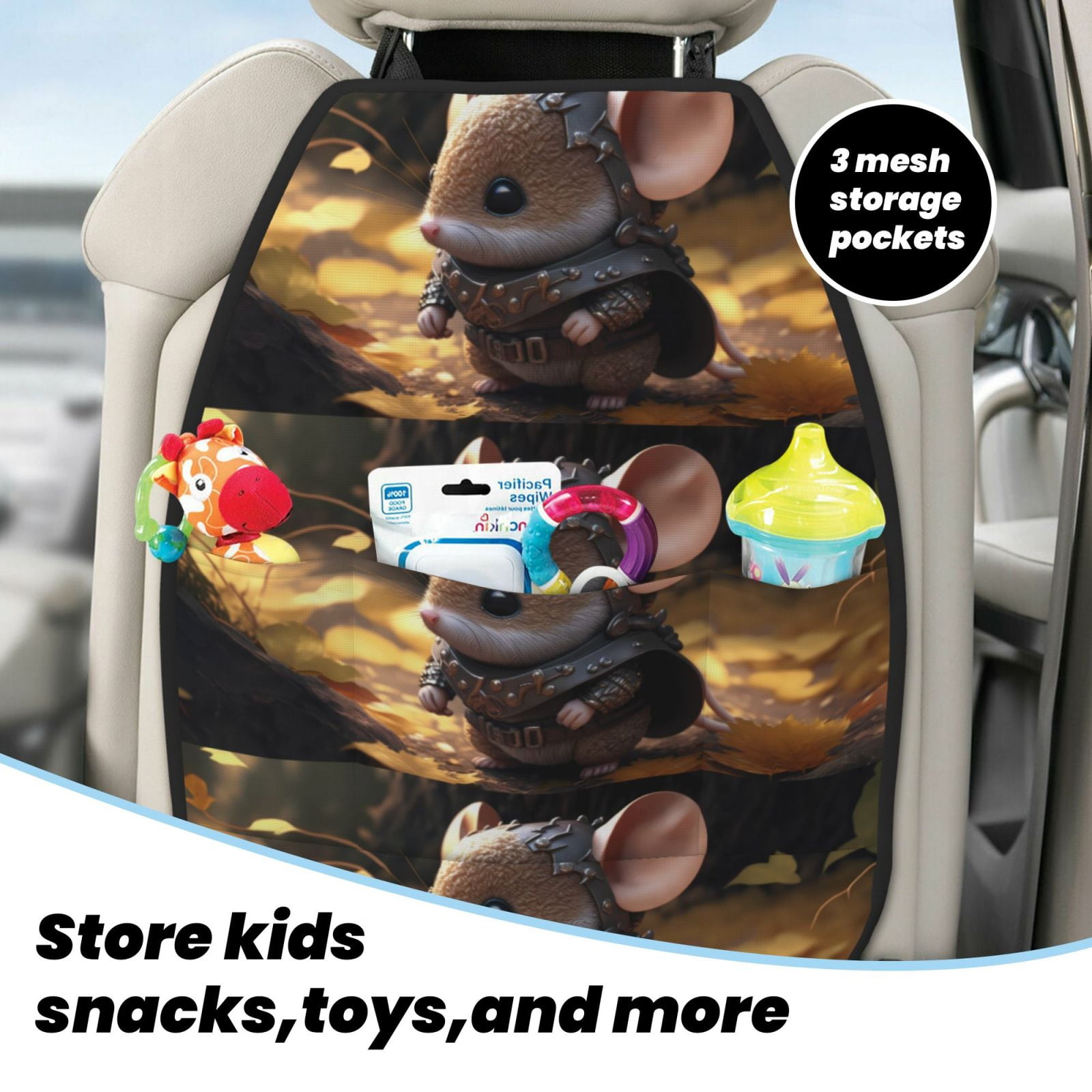 Xecao Cute Big-Eared Mouse Pattern Car Seat Back Protector 2 Pack Large Capacity Pocket, Kick Mats Back Seat Protector