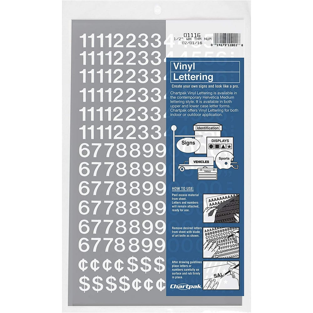 Chartpak SelfAdhesive Vinyl Numbers, 1/2 Inch High, White, 210 per