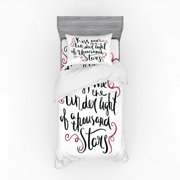 Saying Duvet Cover Set, Pattern of Romantic Kiss Me Under 1000 Stars Phrase with Curlicues, Bedding Set with Shams and Fitted Sheet, 3 Sizes, by Ambesonne