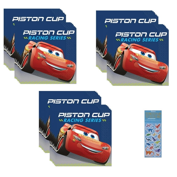 Disney Cars Birthday Party Supplies Bundle includes 48 Beverage Cake Paper Napkins and 1 Dinosaur Sticker Sheet