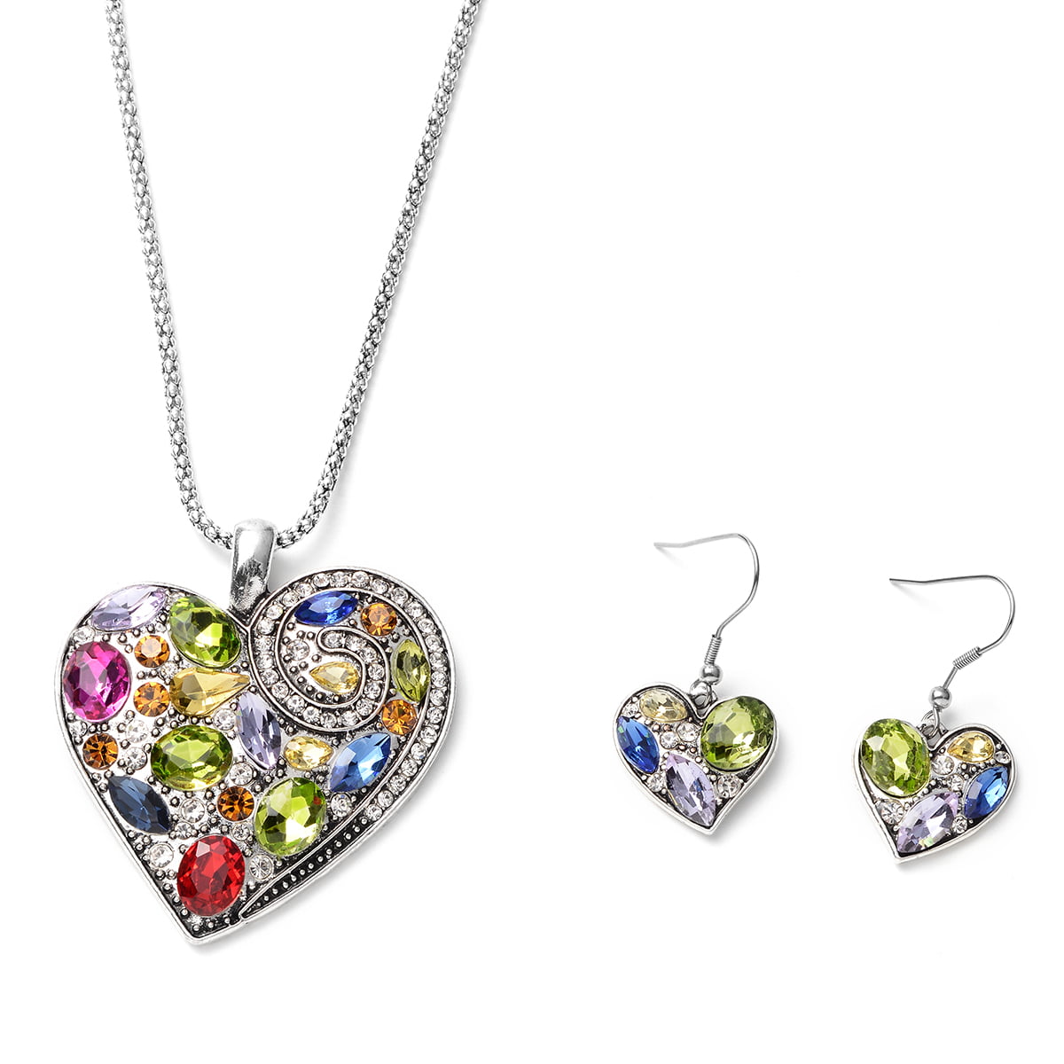 Fashion Colorful Drop Shape Heart Stripe Glass Pendant Necklace Women Jewelry 
