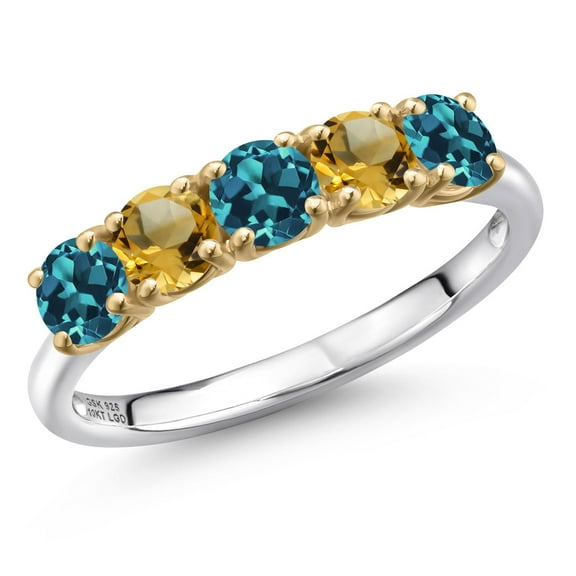 Gem Stone King 925 Silver and 10K Yellow Gold London Blue Topaz and Yellow Citrine Wedding-Bands Ring for Women | 1.50 Cttw | Round 4MM | Gemstone November Birthstone | Size 6