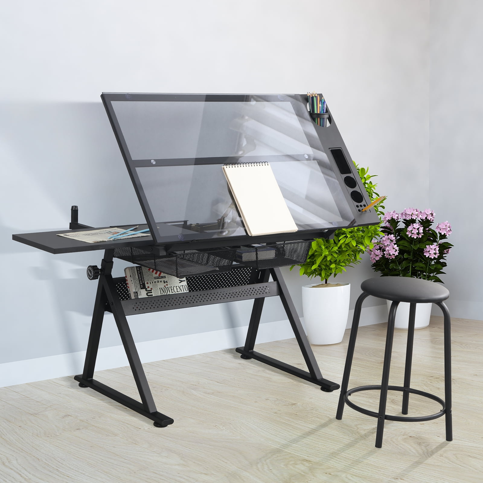 Drafting Drawing Craft Table Art Hobby Glass Desk Adjustable Folding Workstation 