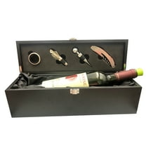 Black Wooden Wine Box with Tools - Accessories include Corkscrew, Stopper, Spill Collar, and Plastic Foil Cutter - Novelty Gift for Wine enthusiasts