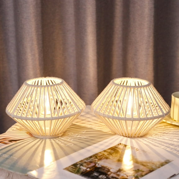 Woven Cotton Rope Table Lamp Set of 2, 5" Cordless Battery Operated Desk Lamp, Boho Wireless LED Lamps for Indoor/Outdoor