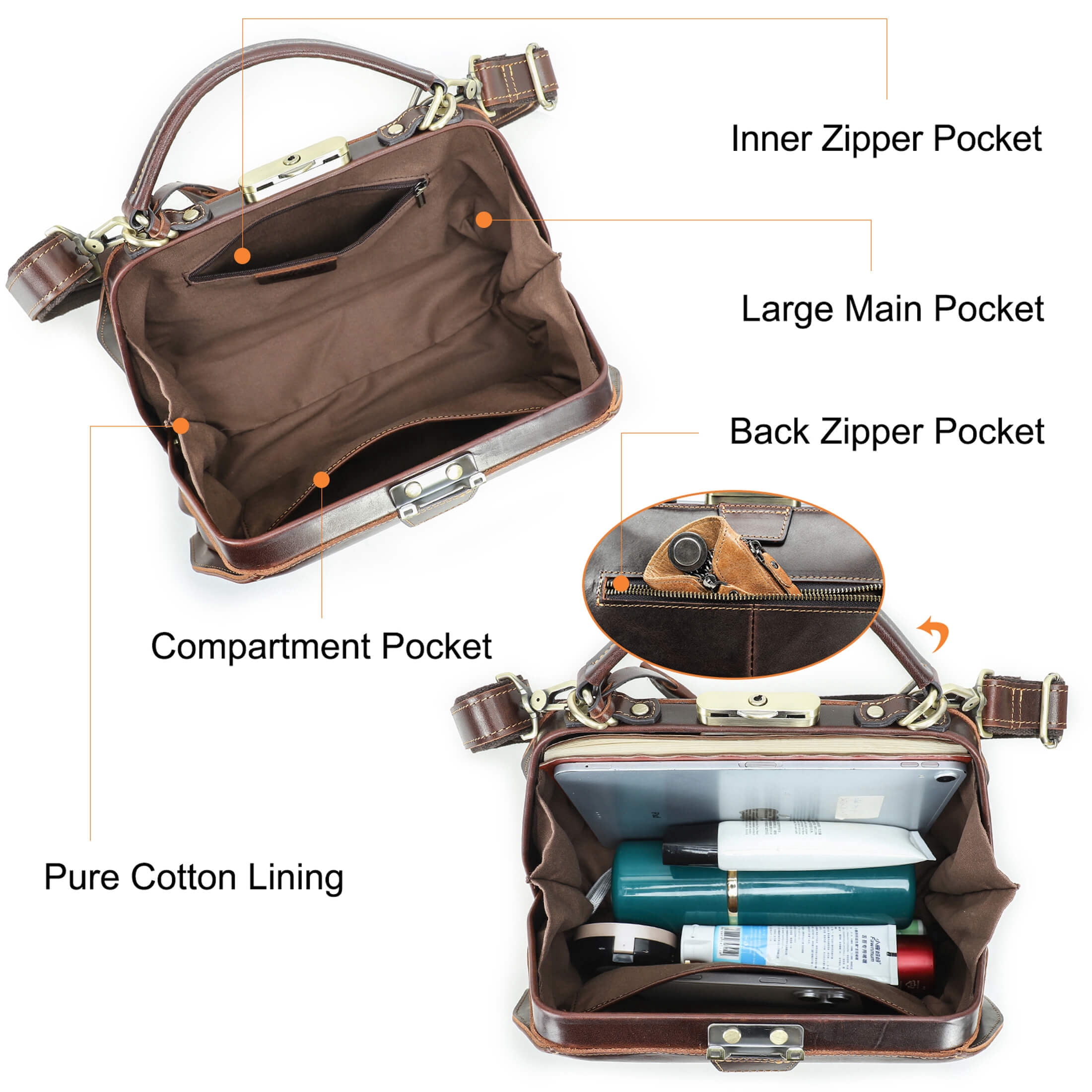 Contact's Full Grain Leather Doctor Bag Purse for Women Vintage Handbag Large Top Handle Satchel Bag (Coffee)