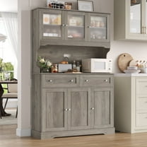 Hiphuta 72"Tall Kitchen Pantry Storage Cabinet with Power Outlet, Freestanding Cupboard Storage Buffet Hutch with Microwave Stand, Storage Pantry with Drawers & Glass Doors, Ash Gray