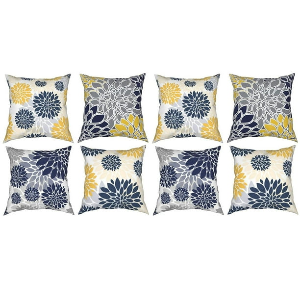 8x Throw Pillow Covers 18X18 Inch Navy Blue Gold Oversized Flower
