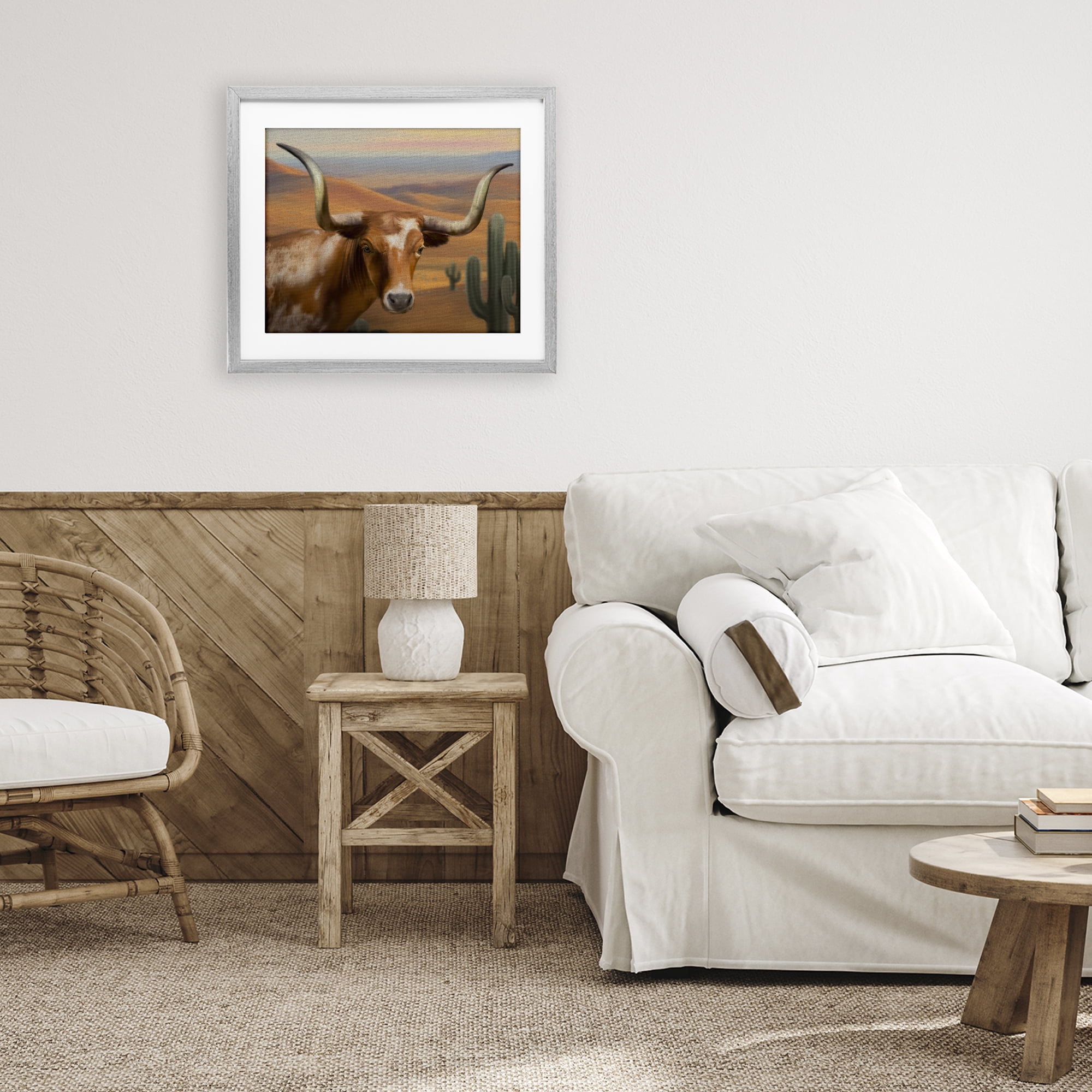 Stupell Industries Longhorn Western Landscape Gray Framed Print Under Glass, design by Matthew Piotrowicz