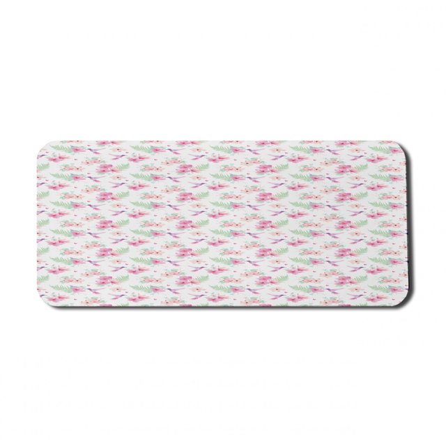 Floral Computer Mouse Pad, Flappy Hummingbirds Flying over Delicate Tropical Hibiscus and Magnolia Flowers, Rectangle Non-Slip Rubber Mousepad X-Large, 35" x 15" Gaming Size, Multicolor, by Ambesonne