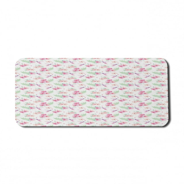 Floral Computer Mouse Pad, Flappy Hummingbirds Flying over Delicate Tropical Hibiscus and Magnolia Flowers, Rectangle Non-Slip Rubber Mousepad X-Large, 35" x 15" Gaming Size, Multicolor, by Ambesonne