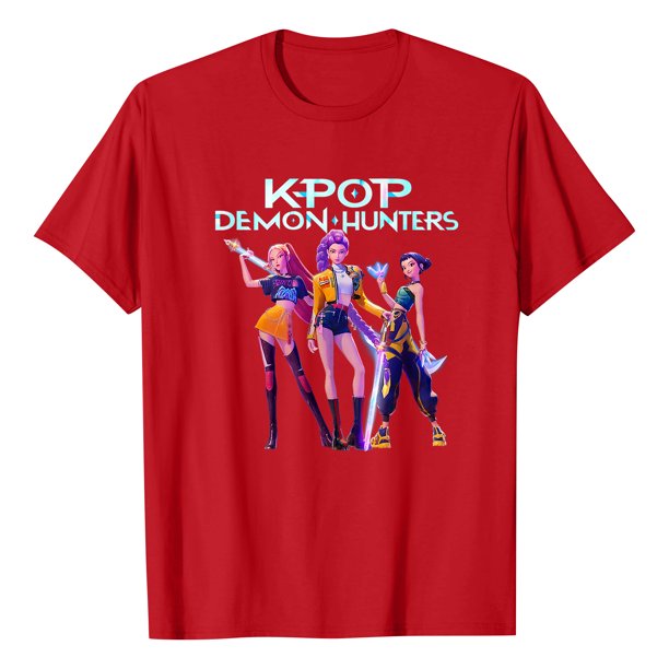 Pop cazadora para niña Demon Hunters Round-Neck Printed Anime Trio Poster T Shirt (Red)