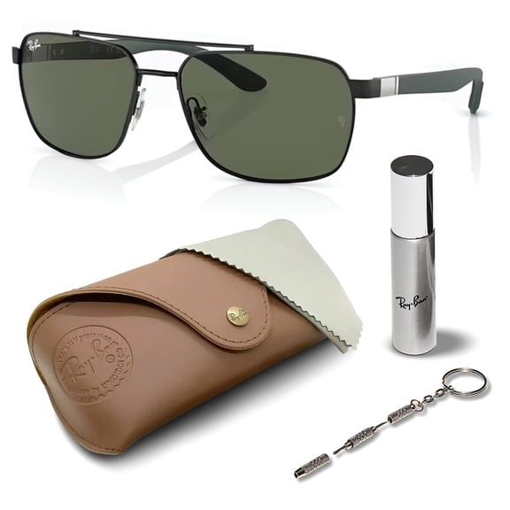 Ray-Ban RB3701 Rectangle Shaped Non-Polarized Sunglasses for Men - Includes Official RAYBAN Eyewear Kit - Ideal Formal & Casual Wear Sunglasses - Dark Green Lens
