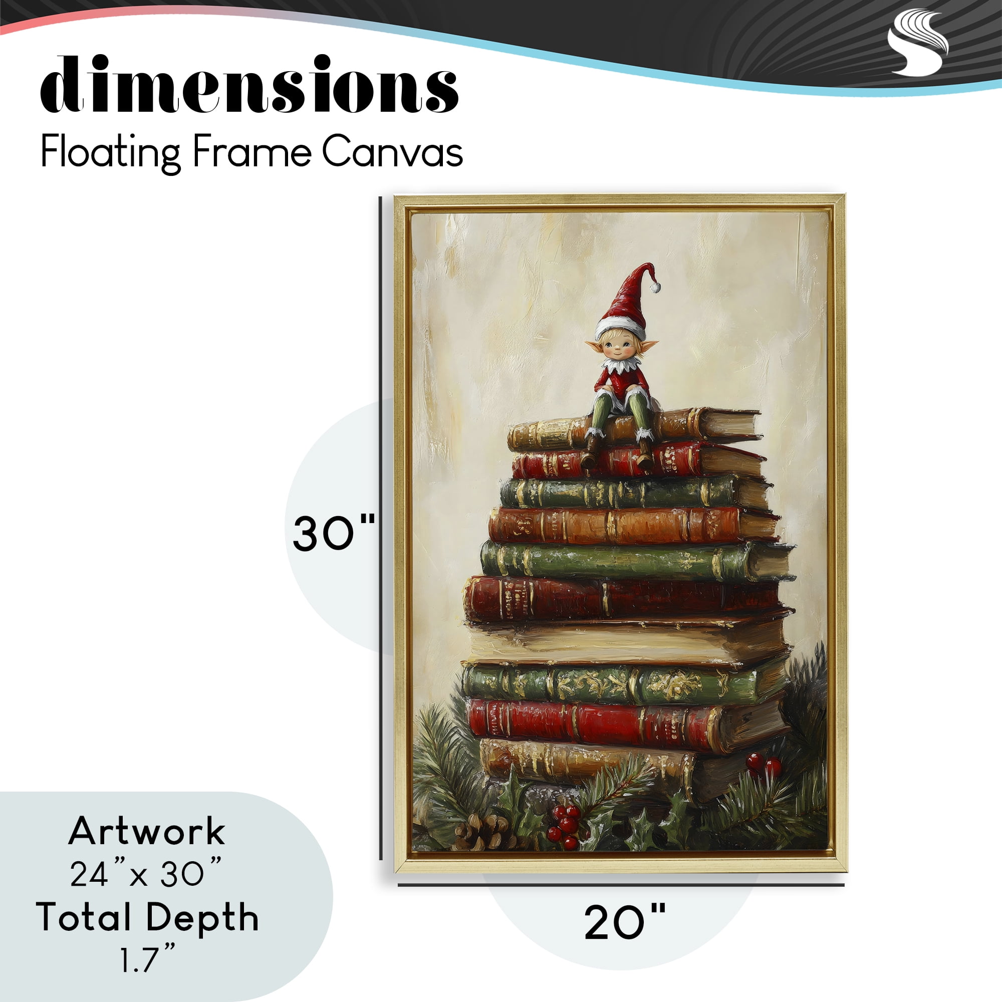 Christmas Elf Bookstack Gold Framed Floater Canvas Wall Art, design by Petal Prints Design