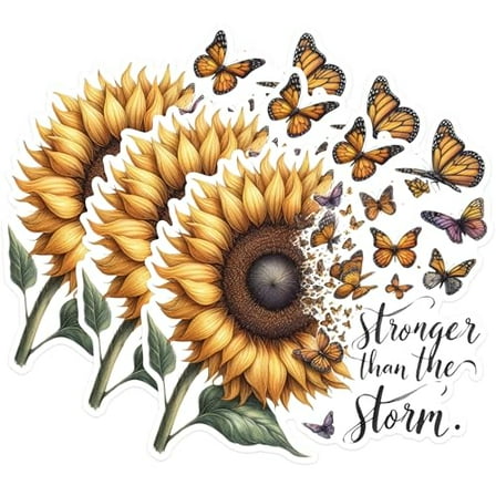 (3 Pack) Sunflower Butterfly Decals - Stronger Than The Storm Decal - Laptop Decal - 3 Inches On Longest Side - Easy Peel & Apply - Made in USA - 3MCS1694
