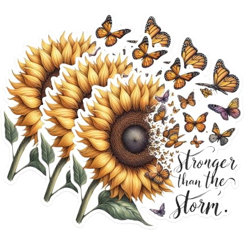 (3 Pack) Sunflower Butterfly Decals - Stronger Than The Storm Decal - Laptop Decal - 3 Inches On Longest Side - Easy Peel & Apply - Made in USA - 3MCS1694