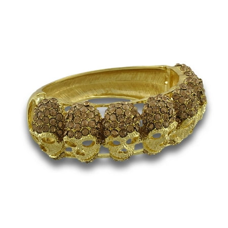 - Sparkling Rhinestone Skulls Gold Tone Hinged Bangle Bracelet