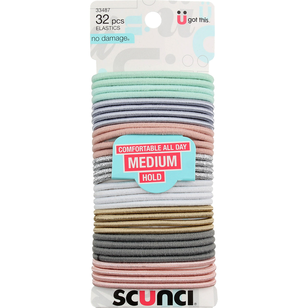 Scunci No Damage Medium Hold Hair Elastics, Assorted Colors, 32 Ct
