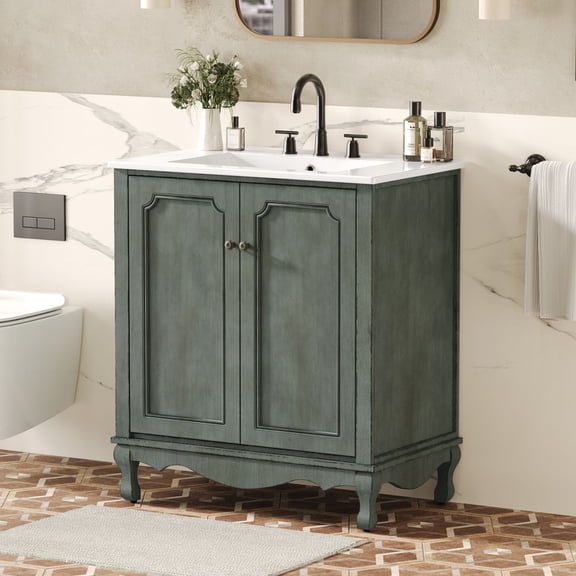 WGYPRIME 30" Bathroom Vanity with Sink, Vintage style Bathroom Vanity Cabinet with 2 Doors, Bathroom Storage Cabinet with Rubber Wood Legs and Adjustable shelves