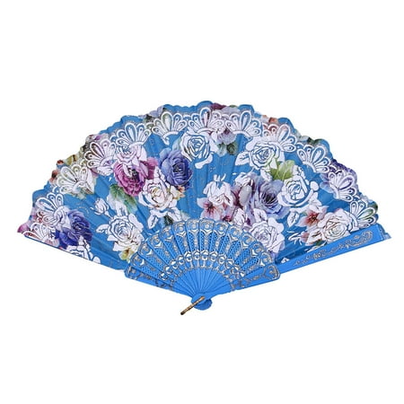 

Shiusina Fans Best Chinese Style Dance Wedding Party Lace Silk Folding Hand Held Flower Fan Dancing Fan Sky Blue