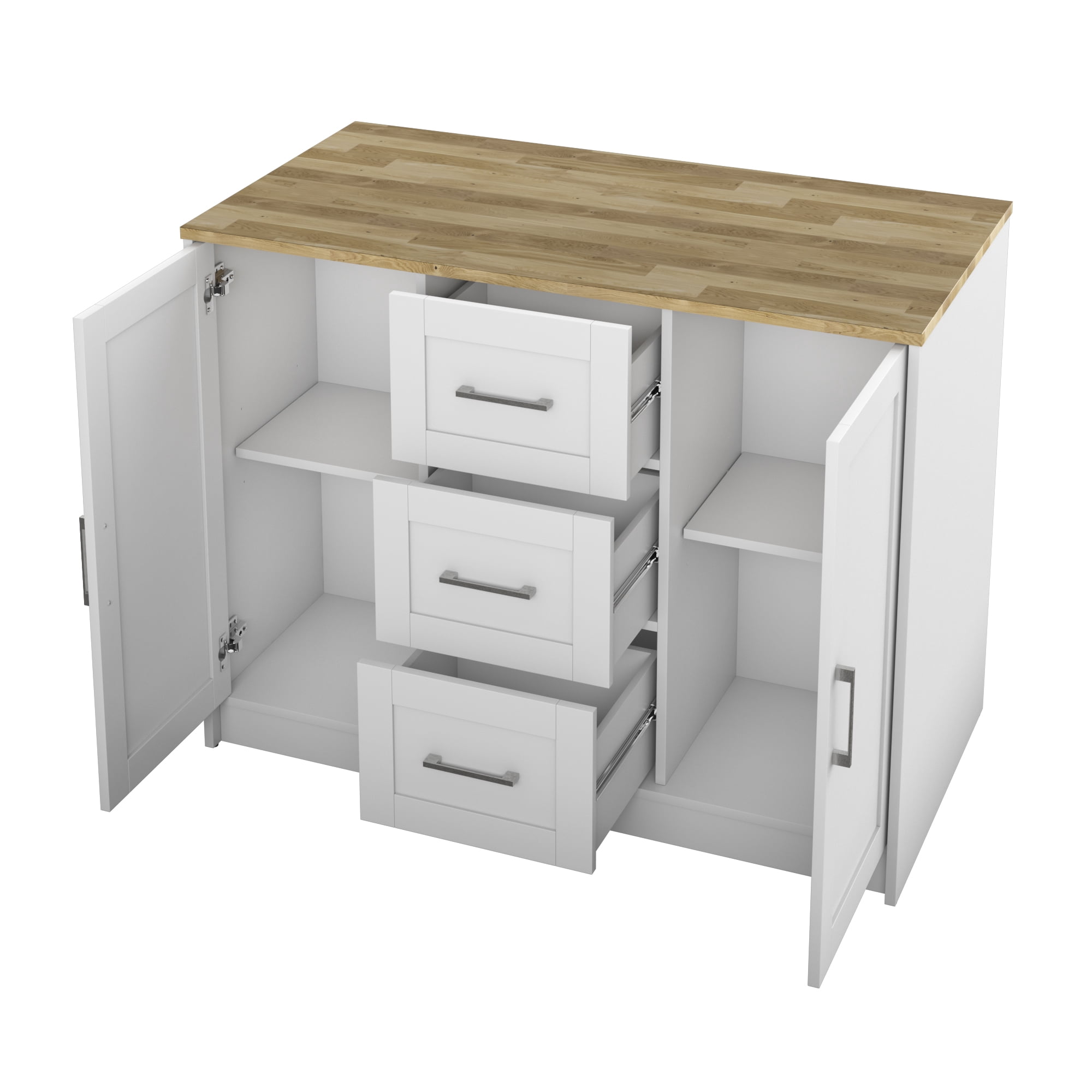 Twin Star Home 48" Traditional Kitchen Island with Butcher Block Top, Brilliant White