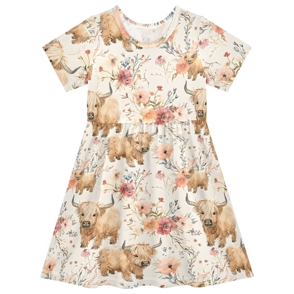 joogoo Highland Cattle Floral Girls' Short Sleeve Dress Kids Dresses 5-6T
