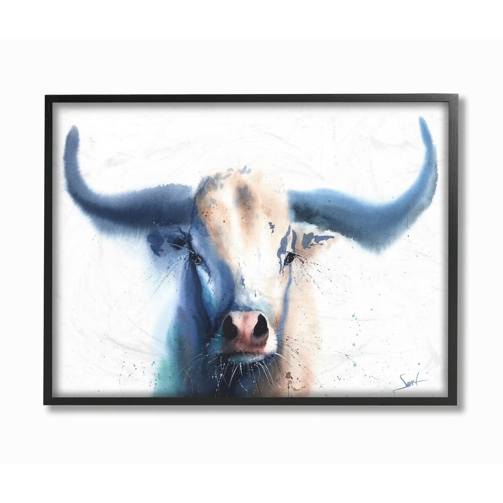 The Stupell Home Decor Bright White and Blue Watercolor Bull Painting ...