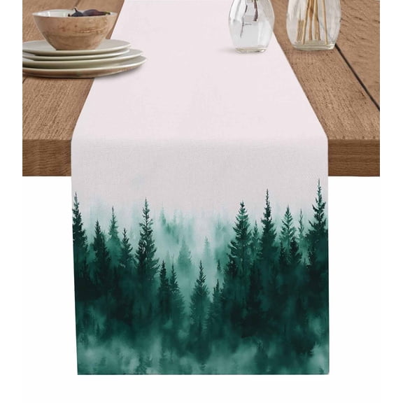 Ink Green Forest Table Runner 72 Inches, Ombre Tree Abstract Art Bed Runner Dresser Scarves Tabletop for Indoor Outdoor Parties/Ceremony/Banquet, 14" x 72"