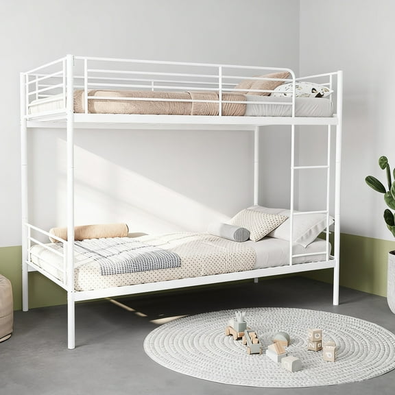 Twin Bunk Bed, Twin Over Twin Bunk Bed - Metal Frame with Ladder and High Guardrail, Separates into Two Individual Twin Beds, Noise Free and Wear-Resistant, Easy Assembly, White