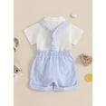 thumbnail image 6 of Loicainy Infant Baby Boy Gentleman Outfit 3 6 9 12 18 Month Solid Color Short Sleeve Lapel Neck Romper with Stripe Suspender Shorts and Bowtie, 6 of 9