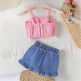 thumbnail image 3 of kaprioy Toddler Girl Clothes Toddler Baby Girl Summer Outfit 9 12 18 24 Months 2T 3T Bow Tie Strap Suspender Top Fringed Denim Shorts Cute 2 Pcs Clothes Set, 3 of 7