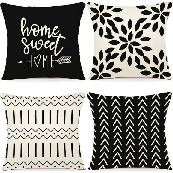 Pillow Covers 16x16 Set of 4, Modern Sofa Throw Pillow Cover, Decorative Outdoor Linen Fabric Pillow Case for Couch Bed Car, Black