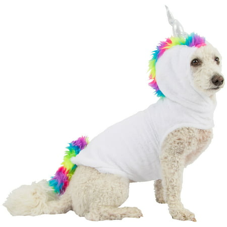 Mission Pets Unicorn Dog Costume, Features a White Hoodie with a Rainbow Mane and Silver Horn
