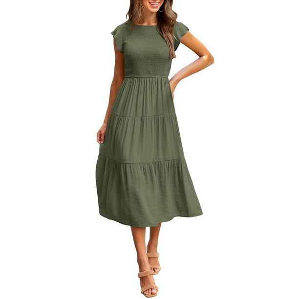 Vestido midi informal de verano con mangas acampanadas y fruncido para mujer - Cuello redondo, cintura elástica, falda escalonada - S-XL