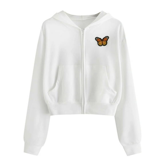 Ecqkame Cropped Zip Up Hoodie Women Women Embroidery Long Sleeve Zipper Pocket Shirt Hooded Sweatshirt Top White S