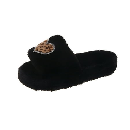 

Alueeu women s shoes Fashion Leopard Print Rhinestone Love Plush Shoes Thick-soled Cotton Slippers Women Shoes for ladies summer