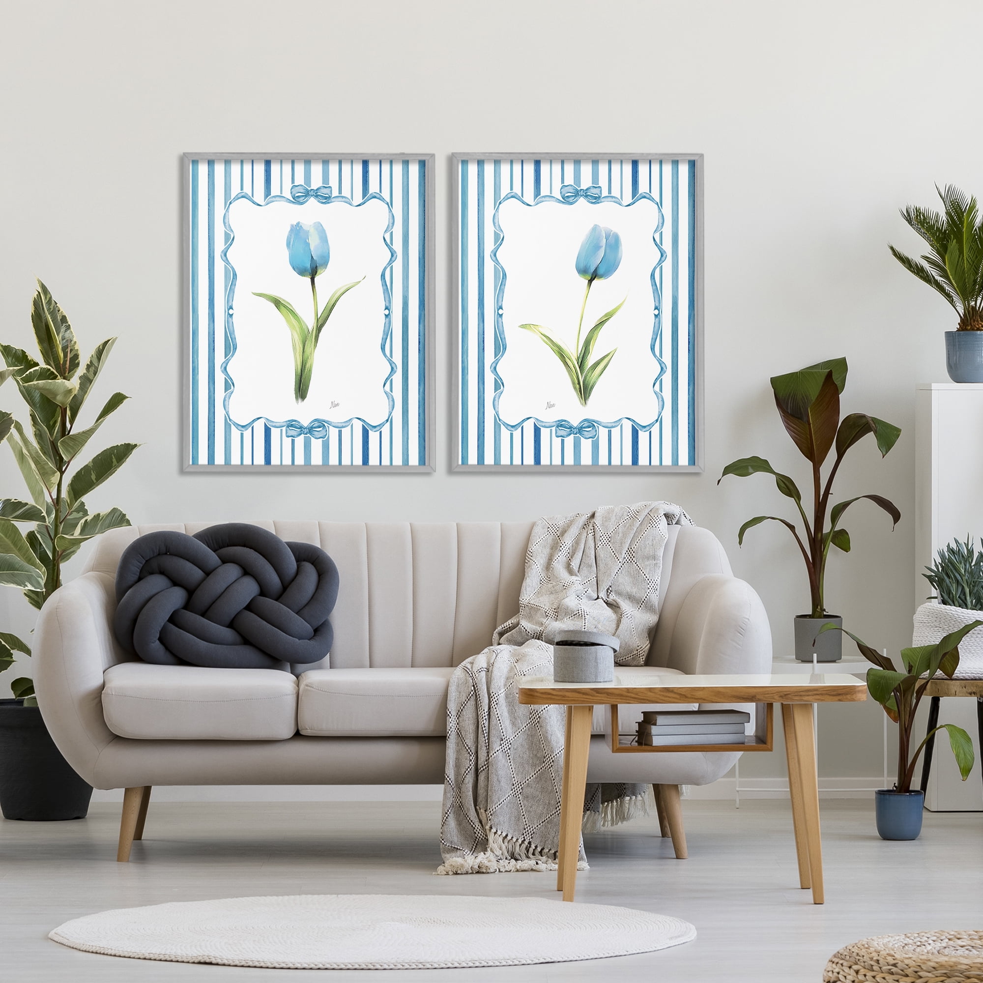 Stupell Industries Blue Tulips with Feminine Ribbon 2 Piece Gray Framed Giclee Art Set, design by Nan