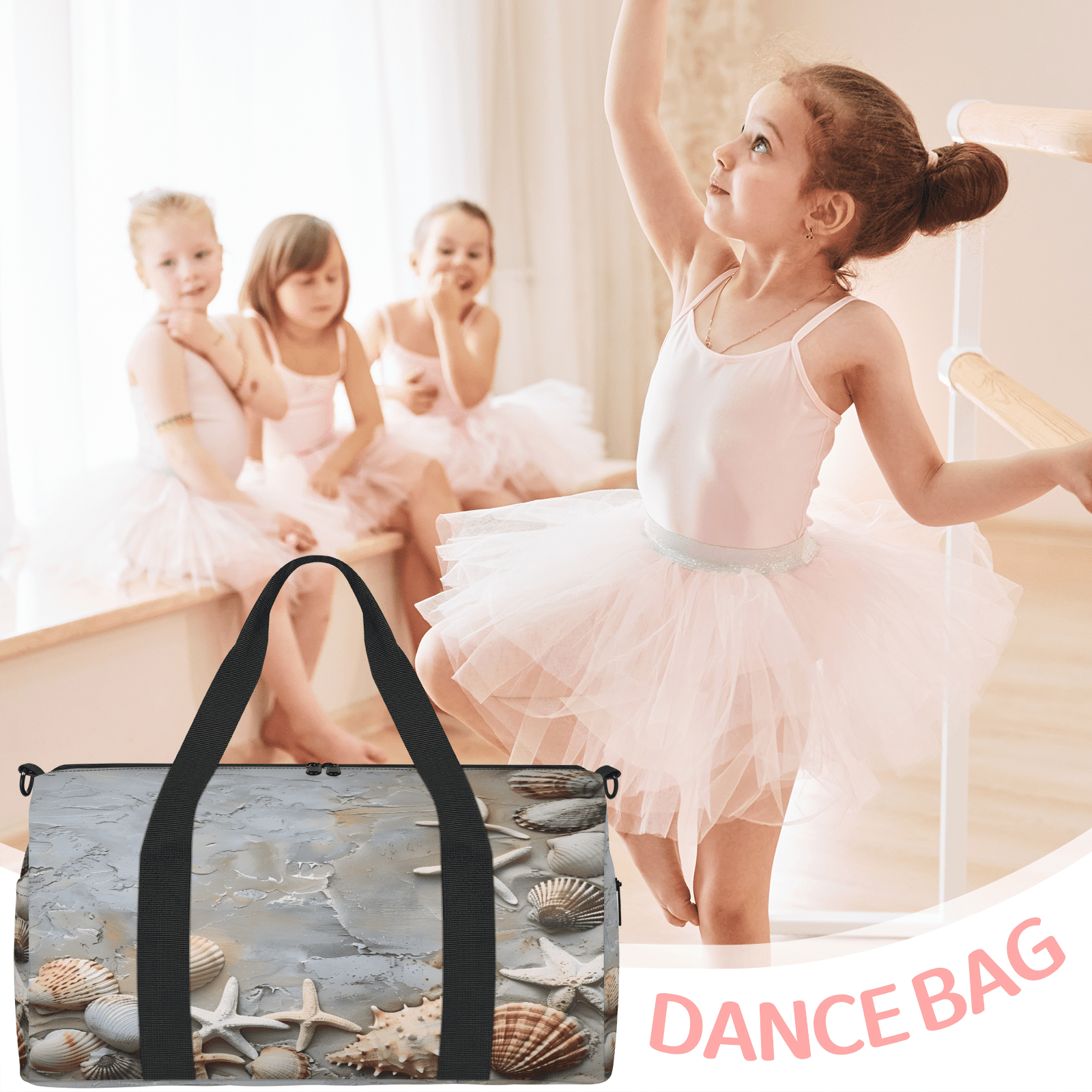 Herdesigns Seashell Starfish Ocean Beach Gym Bag for Women, Duffle Bag for Travel Sport, Lightweight Waterproof Carry on Weekender Overnight Dance Yoga Workout Bags