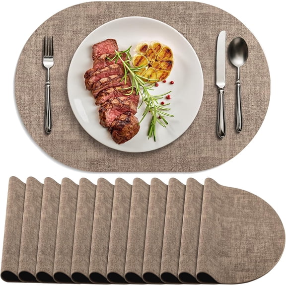 Placemats Set of 12 Washable, Heat Resistant Table Placemats Wipeable Faux Leather Oval Place Mats Non Slip, Waterproof Oval Table Mats for Indoor Outdoor, Apricot