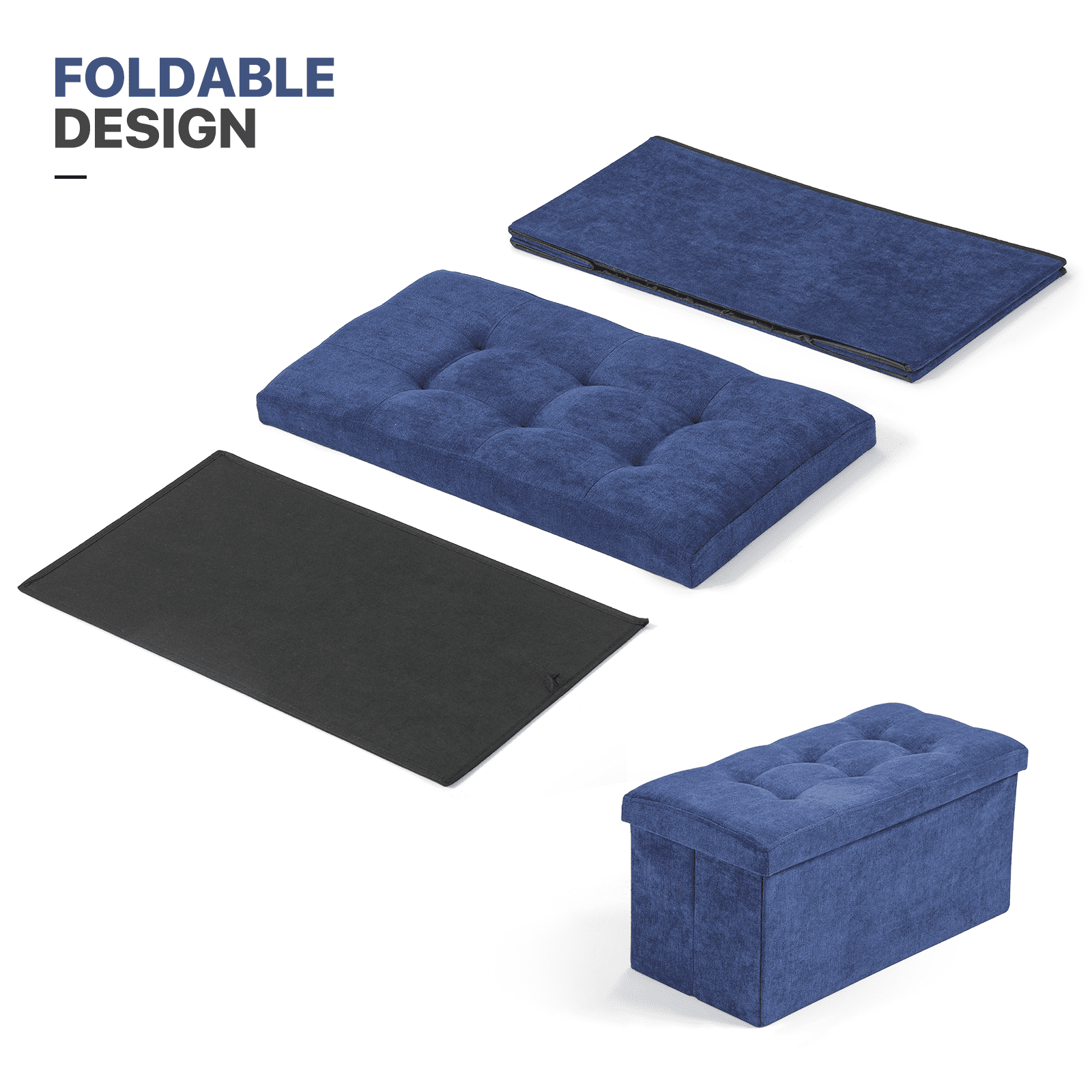 MoNiBloom 30" Folding Storage Ottoman Bench, Cotton-linen Collapsible Footrest Ottoman with Storage, for Living Room Bedroom Entryway, Navy Blue