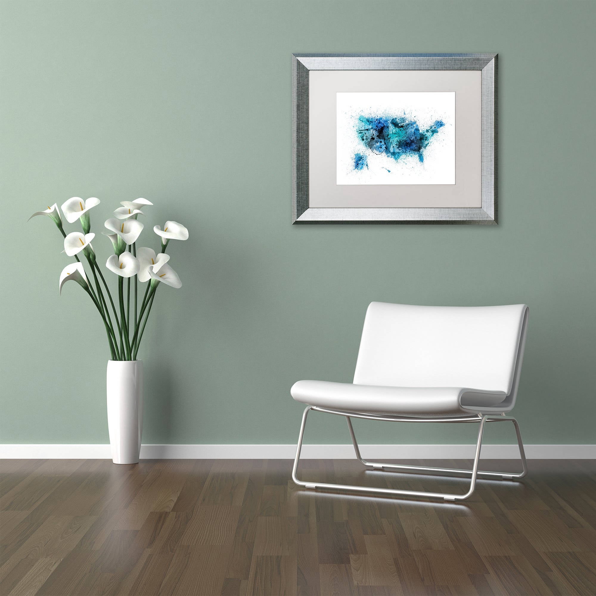 Trademark Fine Art "US Paint Splashes Map" Canvas Art by Michael Tompsett, White Matte, Silver Frame